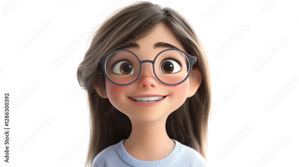 Young girl with glasses smiling brightly in a cheerful and animated style