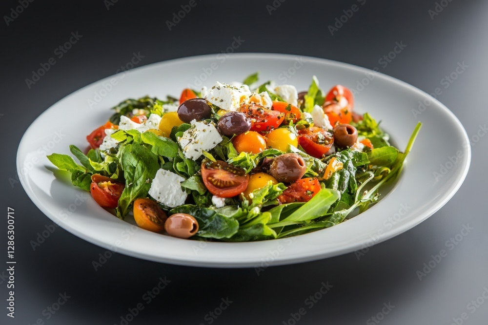 Mediterranean Salad with Feta Cheese and Olives on White Plate Healthy and Delicious Food Photography Style for Restaurant Menu Or Recipe Inspiration Ideas. Vibrant and Colorful Dish With Seasonal Mediterranean Salad with Feta Cheese and Olives on White Plate Healthy and Delicious Food Photography Style for Restaurant Menu Or Recipe Inspiration Ideas. Vibrant and Colorful Dish With Seasonal
