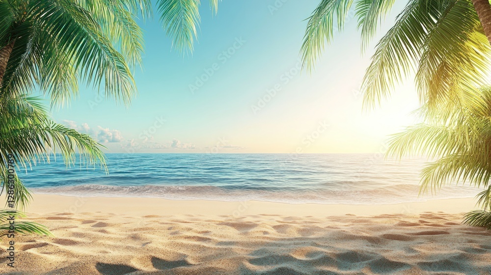 Fototapeta premium Tropical Beach Paradise View with Palm Trees, Sand, and Ocean
