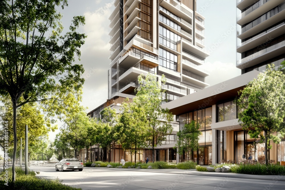 Modern Highrise Residential Complex with Retail Street Level and Tree Lined Street Exterior View with Daylight and Sunny Day Featuring Glass Facade and Modern Design Elements With Urban Perspective Modern Highrise Residential Complex with Retail Street Level and Tree Lined Street Exterior View with Daylight and Sunny Day Featuring Glass Facade and Modern Design Elements With Urban Perspective