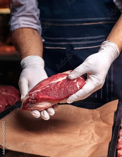 Butcher holding fresh cut of meat in a shop preparing for sale photo