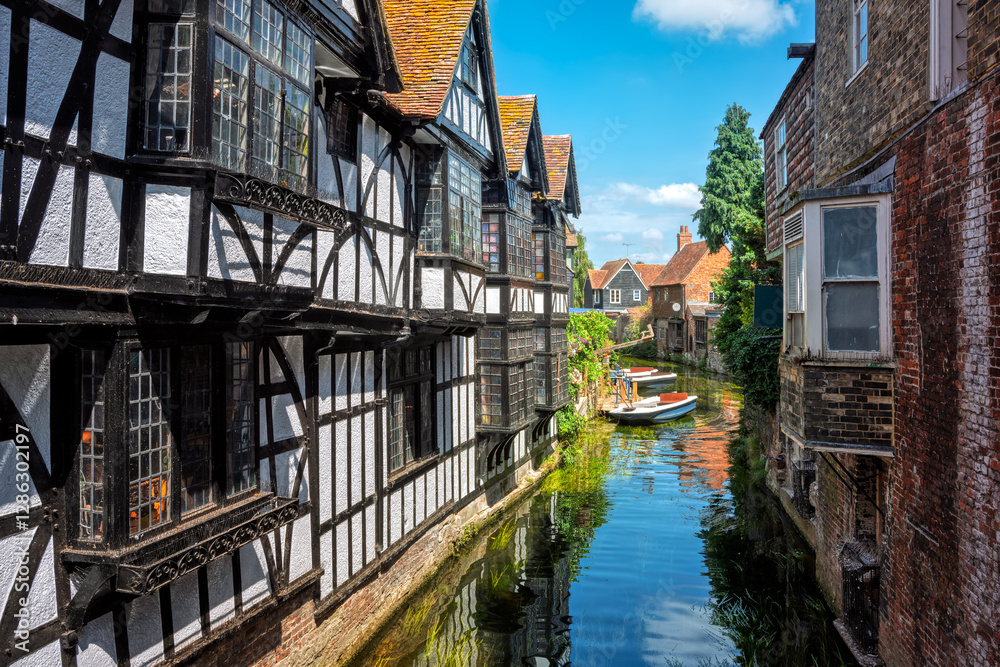 Historical houses on the Stour river in the Old town of Canterbury, Kent, England