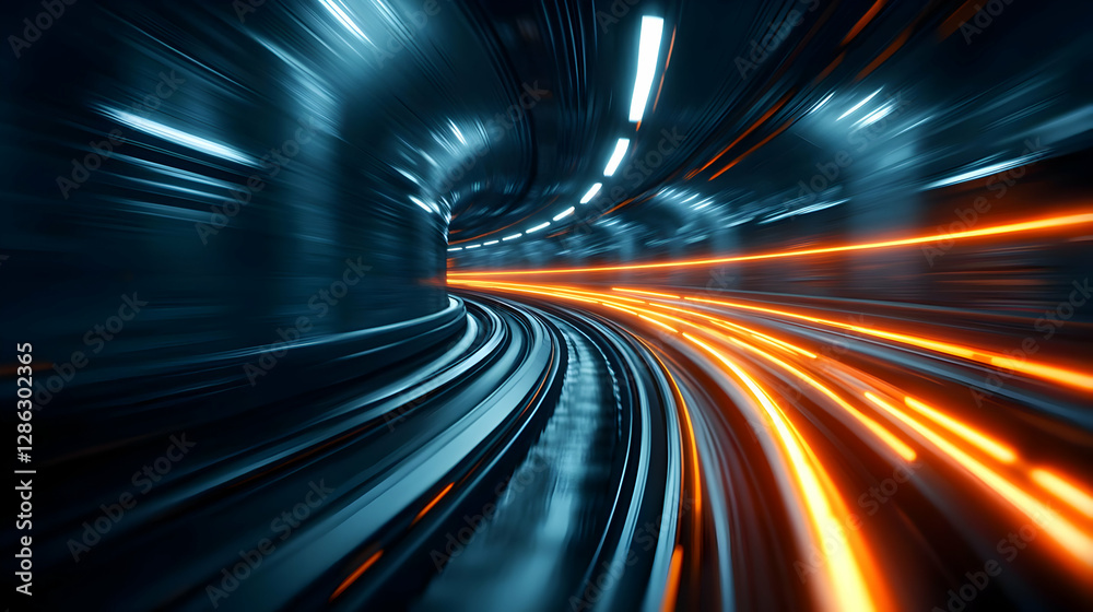 Dynamic view of a subway tunnel showcasing movement with vivid light trails representing speed and modern technology. Dynamic view of a subway tunnel showcasing movement with vivid light trails representing speed and modern technology.