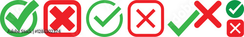 Green check mark and red cross icon featuring circle and square variations set. Includes tick symbols in green and cross symbols in red, designed in a clean, modern vector illustration style.