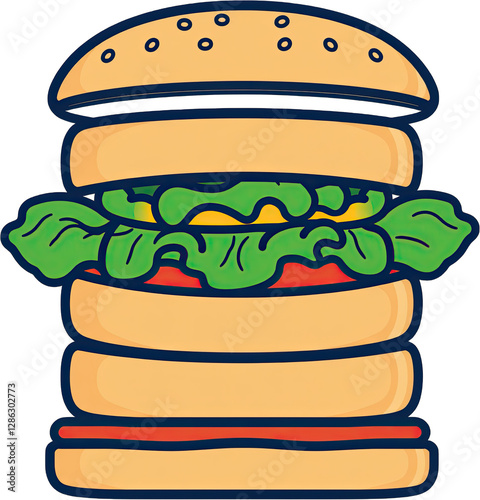 Colorful Cartoon Hamburger with Fresh Ingredients on Transparent Background