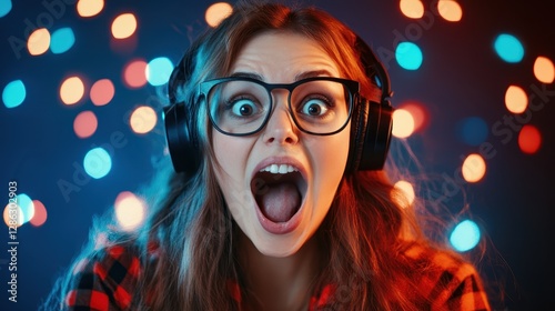 An ecstatic young woman with glasses exuberantly shouts while wearing headphones in a colorful light setting, embodying the intense joy and exhilaration that music can bring. photo