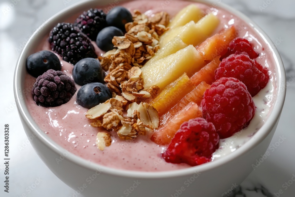 Vibrant vegan smoothie bowl with fresh fruits and nuts bright kitchen setting overhead shot natural light healthy lifestyle Vibrant vegan smoothie bowl with fresh fruits and nuts bright kitchen setting overhead shot natural light healthy lifestyle