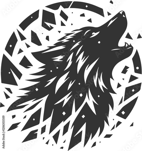 A wolf howling with shattered glass fragments around it animal vector silhouette