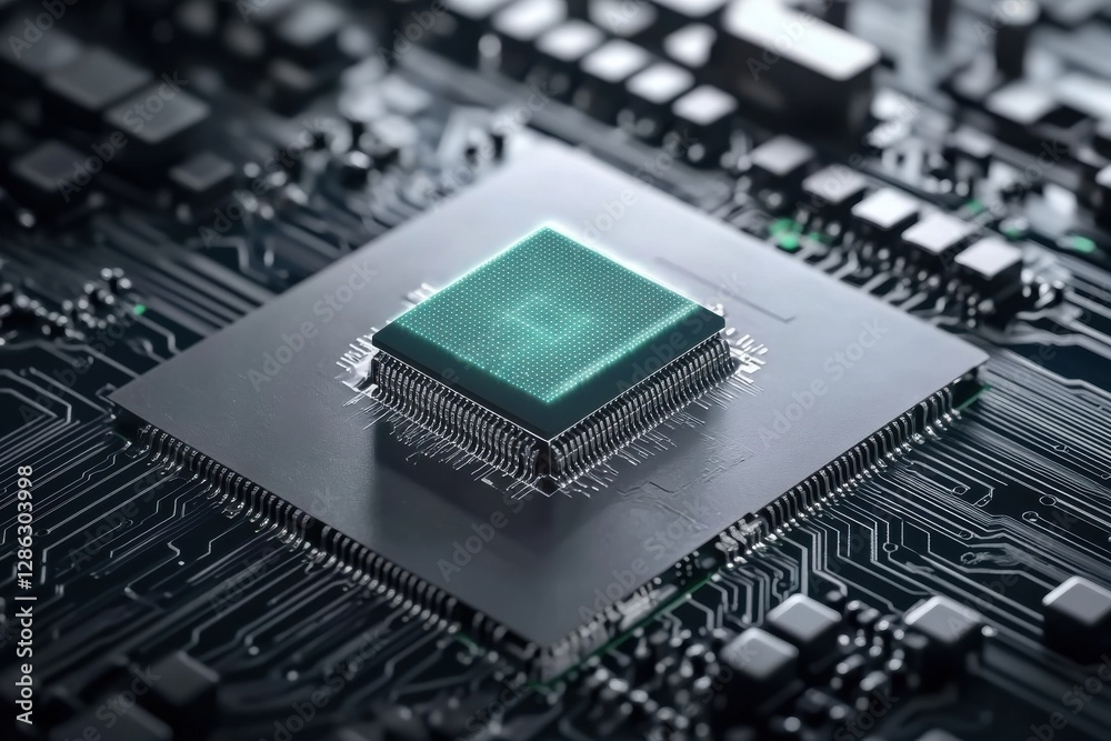 High-Tech Microchip on Circuit Board with Dark Background Detail High-Tech Microchip on Circuit Board with Dark Background Detail