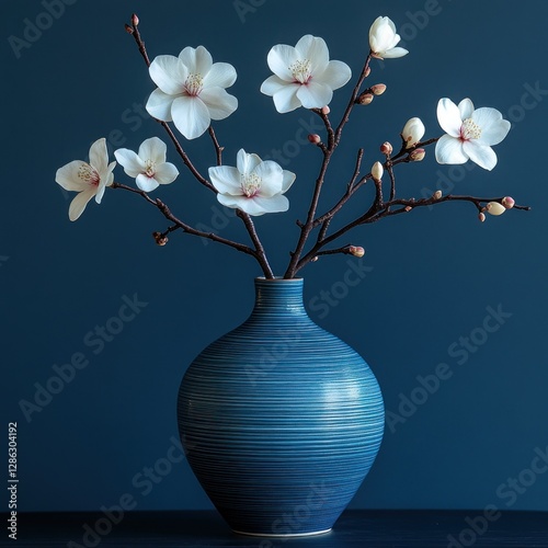 White magnolia blossoms in a blue vase against a dark teal background.