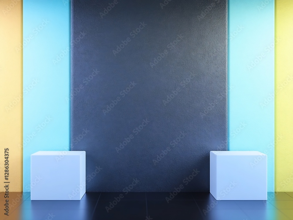 Modern minimalist room features subtly lit pale blue cubes against a dark grey wall with pastel accents. AI Generated Modern minimalist room features subtly lit pale blue cubes against a dark grey wall with pastel accents. AI Generated