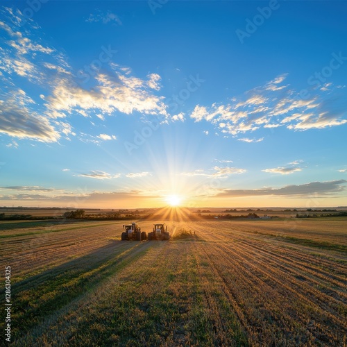 Unused farm machinery at sunset in a field wide shot of surplus equipment in nature long shadows casting a serene atmosphere