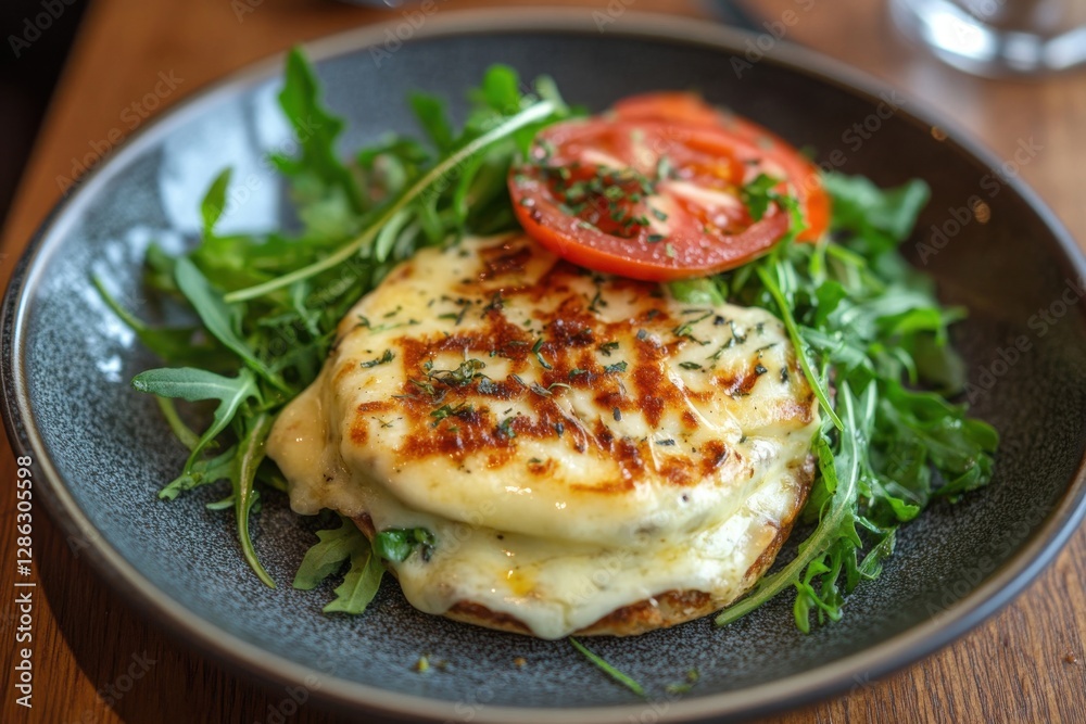 Melted raclette burger topped with fresh arugula served on a chic plate - enticing food photography for gourmet culinary lovers Melted raclette burger topped with fresh arugula served on a chic plate - enticing food photography for gourmet culinary lovers
