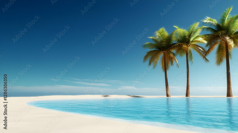 Fototapeta premium Tranquil beach scene featuring clear blue water, soft white sand, and lush palm trees under a bright blue sky.