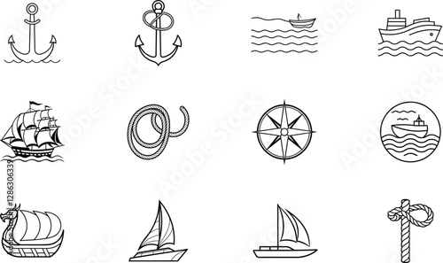 Nautical Icons Anchors, Ships, Sailing Boats, Compass, Rope