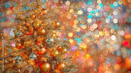 Vibrant and joyful Christmas scene featuring a decorated tree with gold ornaments and sparkling lights, set against a festive bokeh background.