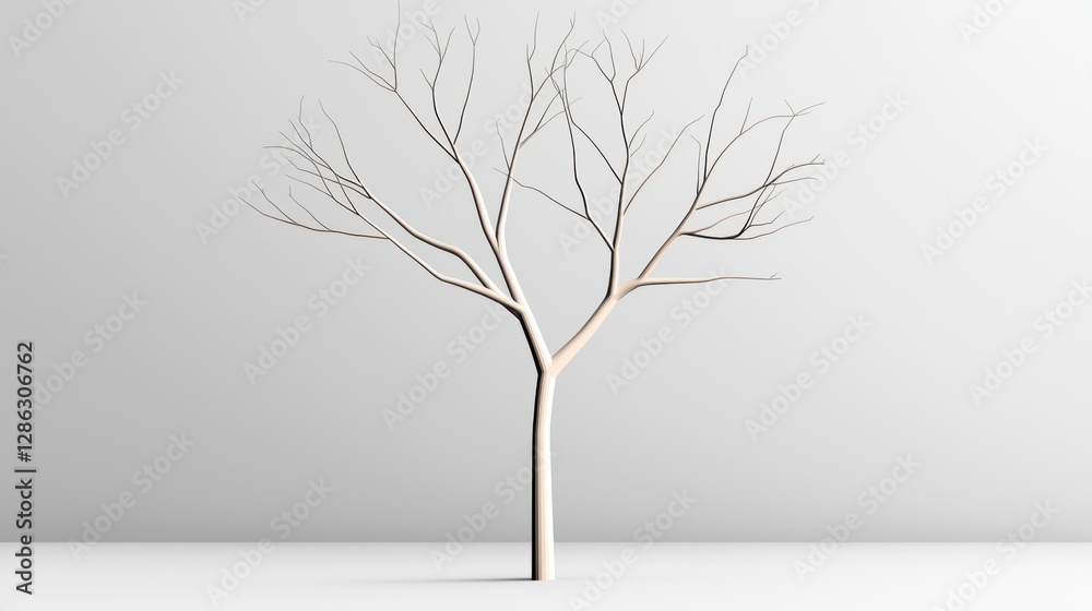 Obraz premium A minimalist, leafless tree stands against a plain background, showcasing its intricate branches and stark beauty in a modern design.