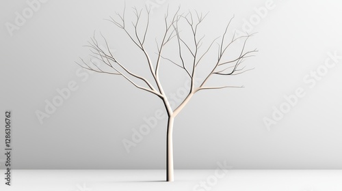 A minimalist, leafless tree stands against a plain background, showcasing its intricate branches and stark beauty in a modern design.