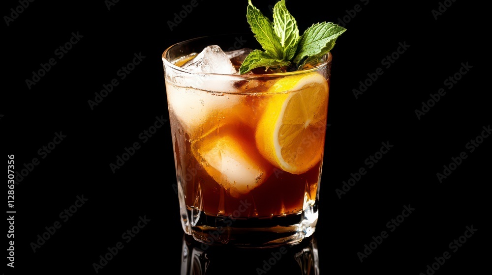 Fototapeta premium Refreshing Brown Cocktail with Lemon and Mint in a Rocks Glass with Ice Cubes and Garnishings of Lemon and Mint and Citrus Fruit Slices in Clear Glassware on Dark Background for Photography Shot for