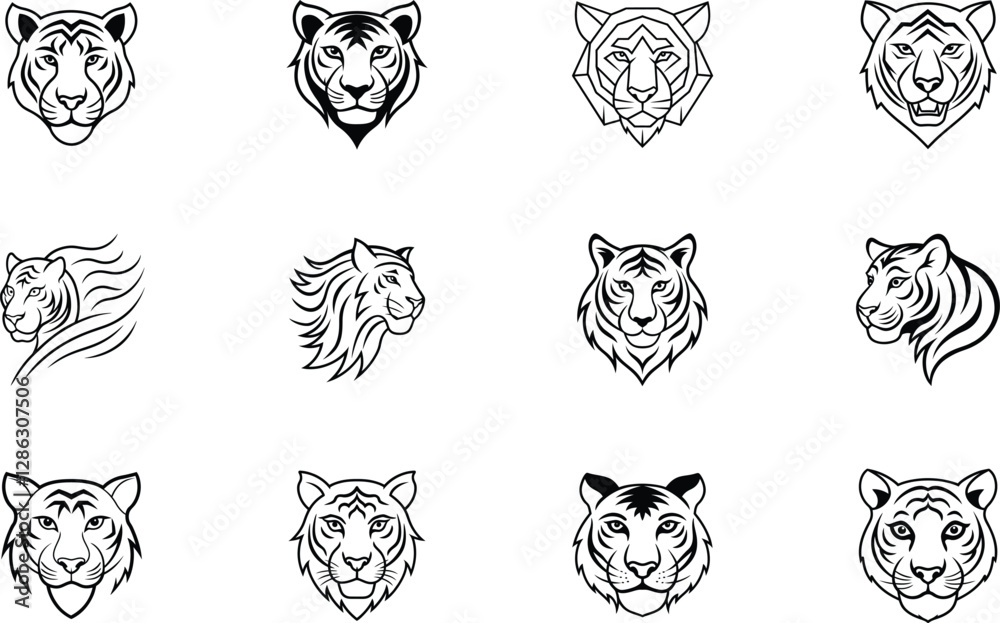 Fototapeta premium Twelve Tiger Head Designs Line Art, Logos, and Illustrations