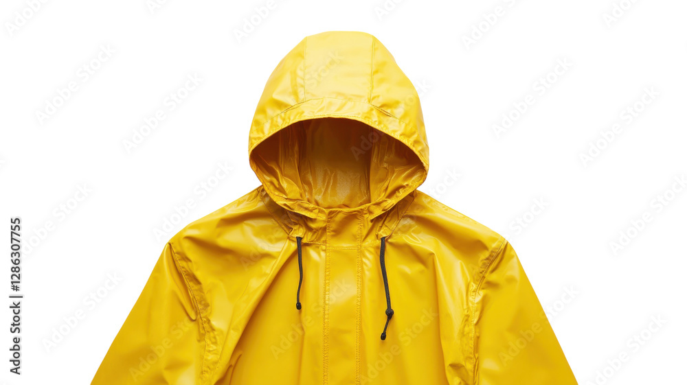 Bright yellow raincoat hanging against a white background showcasing its waterproof design and hood details