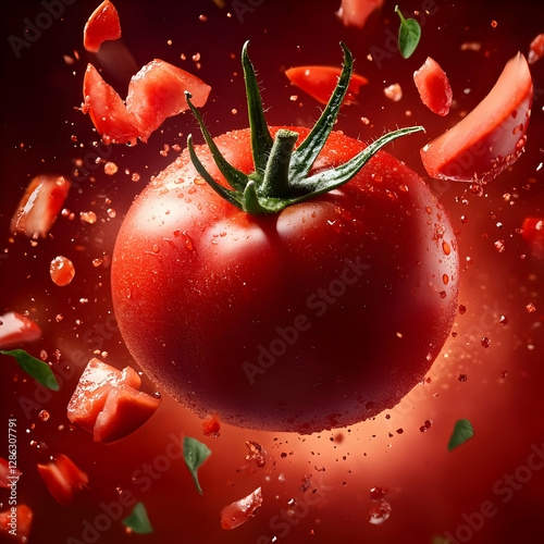 Vibrant red tomato surrounded by flying tomato pieces, showcasing freshness and culinary potential in a dynamic, colorful setting.