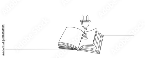 continuous one line drawing of Open book with cable plug  line art symbol or logo of concept of electronic book  e-book  education and library reading literature.