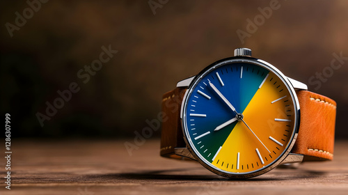 Wallpaper Mural Vibrant wristwatch with a colorful face resting on a wooden surface, blending style and functionality. Torontodigital.ca