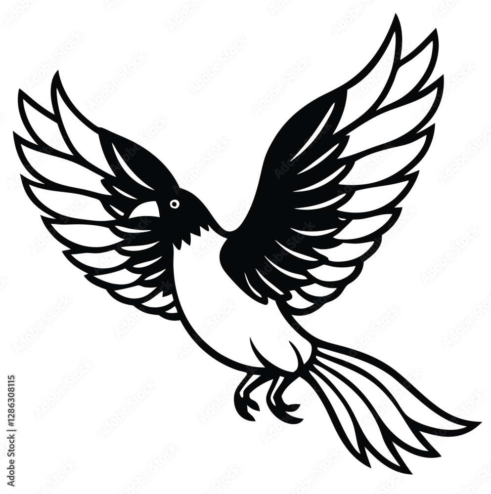 Obraz premium A black bird in flight featuring wings, a symbol of peace. A tribal art of nature vector silhouette illustration. 