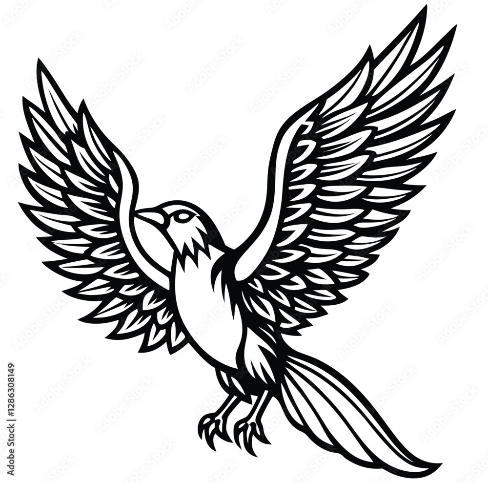 A black bird in flight featuring wings, a symbol of peace. A tribal art of nature vector silhouette illustration. A black bird in flight featuring wings, a symbol of peace. A tribal art of nature vector silhouette illustration.