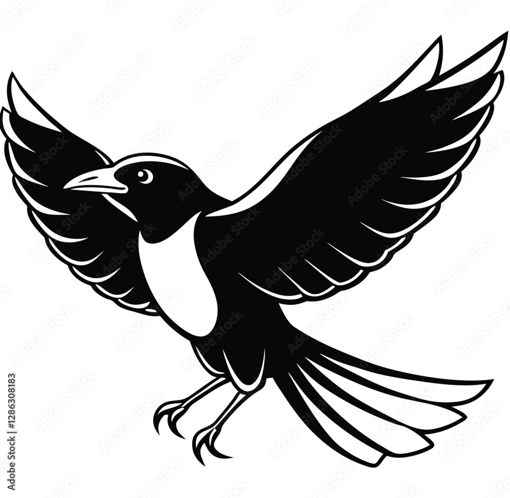Obraz premium A black bird in flight featuring wings, a symbol of peace. A tribal art of nature vector silhouette illustration. 