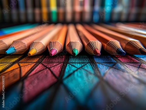 Colored pencils, lie on paper with a children's drawing. Children's creativity, concept.