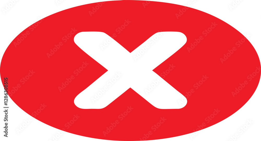 Fototapeta premium A white cross icon in a glossy red oval background suitable for web button symbol, no or cancel, delete often marked with an x or a negative sign