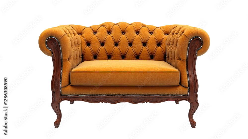 Elegant vintage yellow velvet loveseat with tufted design and ornate wooden legs for stylish interiors