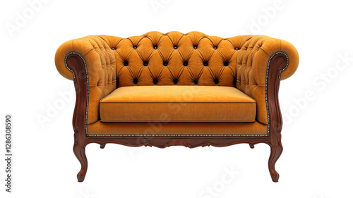 Obraz na płótnie Elegant vintage yellow velvet loveseat with tufted design and ornate wooden legs for stylish interiors w salonie