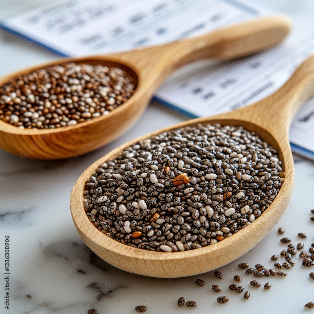 Chia seeds nutrition facts marble counter closeup image vibrant lighting healthy eating nutritional benefits Chia seeds nutrition facts marble counter closeup image vibrant lighting healthy eating nutritional benefits
