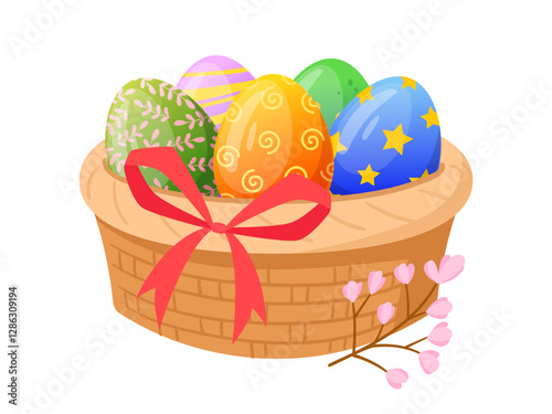 Cartoon basket full of painted colorful eggs. Wicker basket with Easter eggs, Easter surprise eggs basket flat vector illustration. Spring holiday chocolate eggs