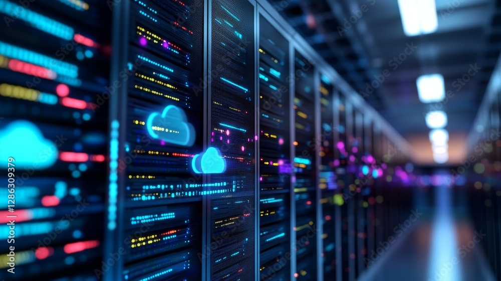 Naklejka premium Server Room with Cloud Computing