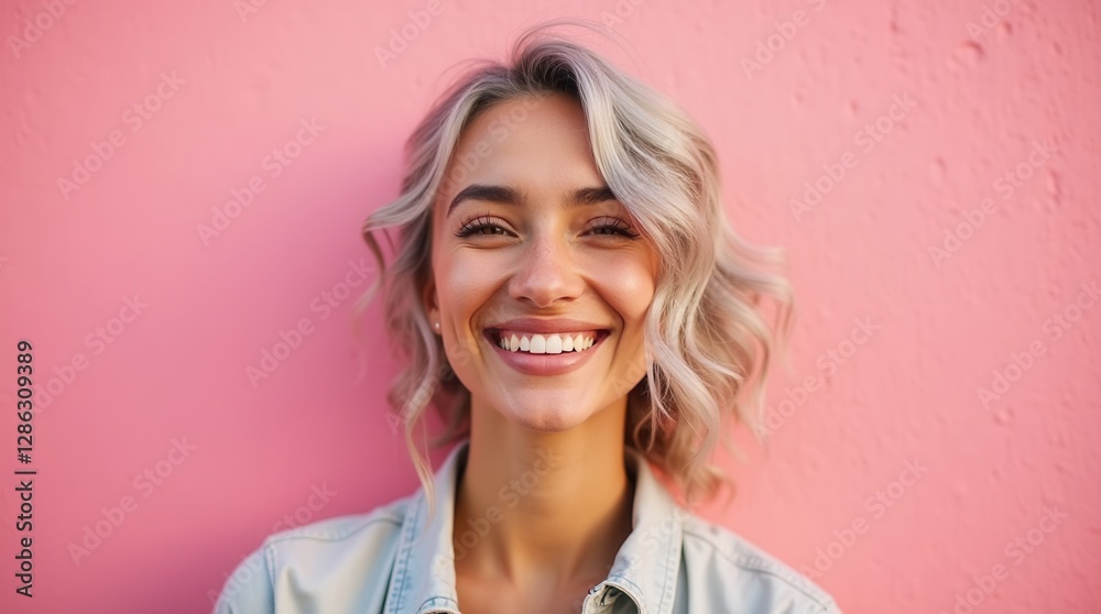 Happy young woman smiling against pink wall Happy young woman smiling against pink wall