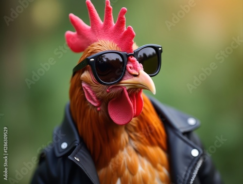 Cool rooster wearing sunglasses and black leather jacket