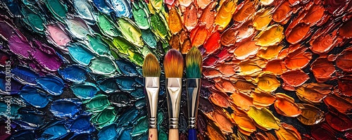 Vibrant artist paintbrushes resting on a colorful palette covered in mixed paints