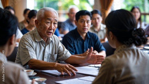 An elderly Southeast Asian man facilitating a group discussion during a leadership workshop