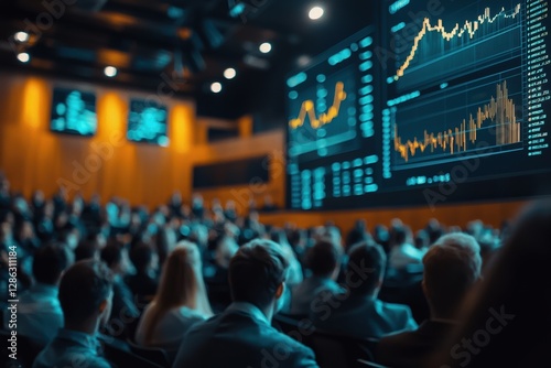 modern finance conference with speakers discussing market trends and data analysis, featuring large digital screens displaying financial graphs and charts in dimly lit auditorium photo