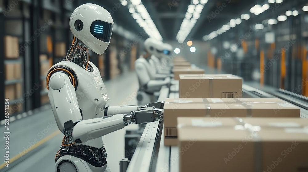 Robots Sorting Packages on Conveyor Belt in Warehouse Robots Sorting Packages on Conveyor Belt in Warehouse