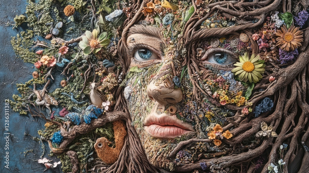 Obraz premium Nature Woman Face Art Flowers Roots and Texture