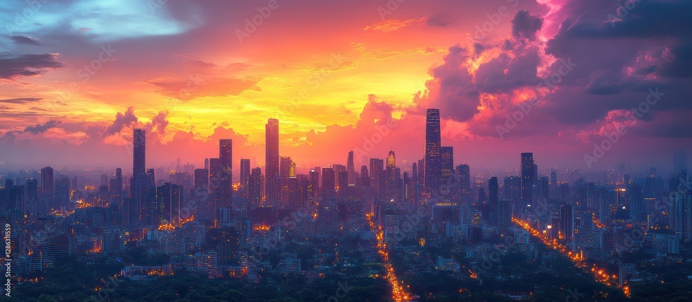 Fototapeta premium Aerial view of a vibrant city skyline at sunset with dramatic clouds.