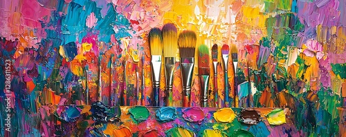Vibrant artist paintbrushes resting on a colorful palette covered in mixed paints