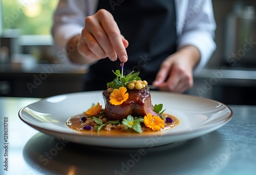 Hands, food and herb of dish for fine dining, culinary institute or luxury restaurant. Chef, healthy protein or garnish on plate for display, catering and hospitality for event in commercial kitchen