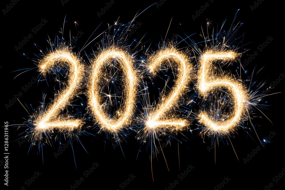 The year 2025 written in sparkling fireworks against a black background, symbolizing celebration and New Year festivities. The year 2025 written in sparkling fireworks against a black background, symbolizing celebration and New Year festivities.