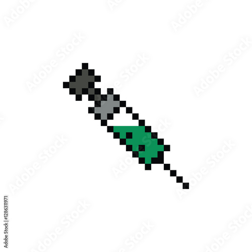 Cute pixel cartoon 8bit doctor equipment medical tool care for decoration inject hypodermic syringe hospital 8 bit pixel art game 8bit png vector.